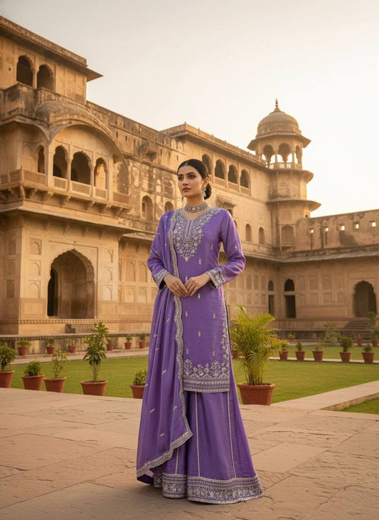 Royal Purple Embroidered Kurta with Intricate Gold Floral Work & Elegant Neckline