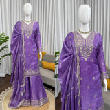 Royal Purple Embroidered Kurta with Intricate Gold Floral Work & Elegant Neckline