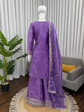 Royal Purple Embroidered Kurta with Intricate Gold Floral Work & Elegant Neckline
