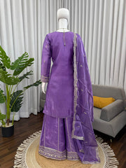 Royal Purple Embroidered Kurta with Intricate Gold Floral Work & Elegant Neckline