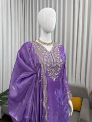 Royal Purple Embroidered Kurta with Intricate Gold Floral Work & Elegant Neckline