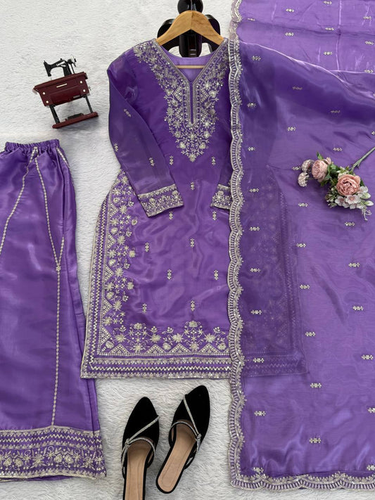 Royal Purple Embroidered Kurta with Intricate Gold Floral Work & Elegant Neckline