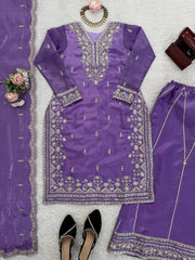 Royal Purple Embroidered Kurta with Intricate Gold Floral Work & Elegant Neckline