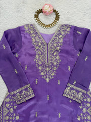 Royal Purple Embroidered Kurta with Intricate Gold Floral Work & Elegant Neckline