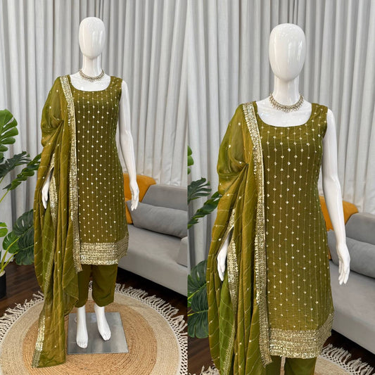 Minimal Luxe Olive Green Kurta Set with Fine Thread Work & Soft Dupatta