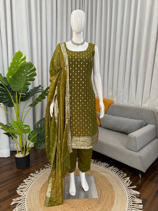 Minimal Luxe Olive Green Kurta Set with Fine Thread Work & Soft Dupatta