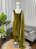 Minimal Luxe Olive Green Kurta Set with Fine Thread Work & Soft Dupatta