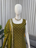 Minimal Luxe Olive Green Kurta Set with Fine Thread Work & Soft Dupatta