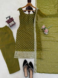 Minimal Luxe Olive Green Kurta Set with Fine Thread Work & Soft Dupatta