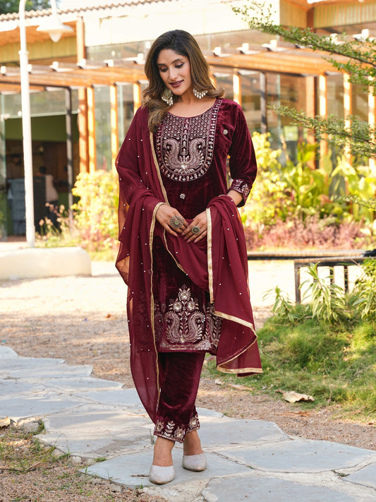 Deep Maroon Velvet Sharara Set with Dupatta