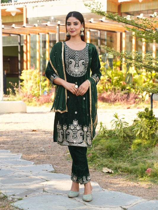 Royal Emerald Green Velvet Embroidered Sharara Set