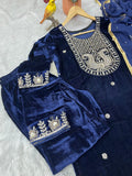 Royal Navy Blue Velvet Embroidered Sharara Set