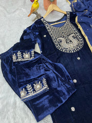 Royal Navy Blue Velvet Embroidered Sharara Set