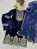 Royal Navy Blue Velvet Embroidered Sharara Set