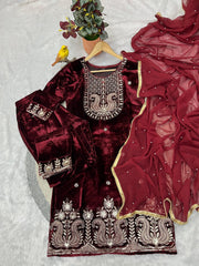 Deep Maroon Velvet Sharara Set with Dupatta