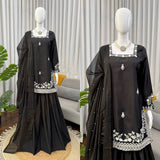 Elegant Black Embroidered Kurta Set with Statement White Detailing & Sheer Dupatta