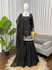 Elegant Black Embroidered Kurta Set with Statement White Detailing & Sheer Dupatta