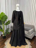 Elegant Black Embroidered Kurta Set with Statement White Detailing & Sheer Dupatta