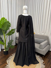Elegant Black Embroidered Kurta Set with Statement White Detailing & Sheer Dupatta