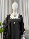 Elegant Black Embroidered Kurta Set with Statement White Detailing & Sheer Dupatta
