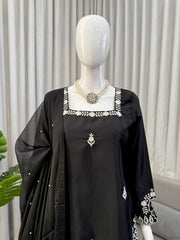 Elegant Black Embroidered Kurta Set with Statement White Detailing & Sheer Dupatta