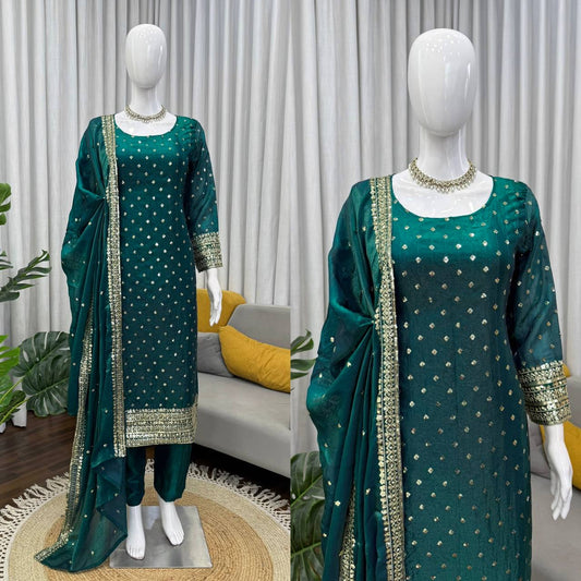 Premium Green Kurta Set with Minimal Embroidery & Statement Sleeves