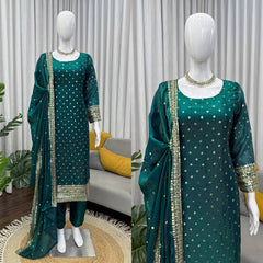 Premium Green Kurta Set with Minimal Embroidery & Statement Sleeves