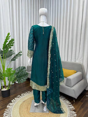 Premium Green Kurta Set with Minimal Embroidery & Statement Sleeves