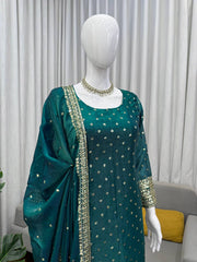 Premium Green Kurta Set with Minimal Embroidery & Statement Sleeves