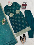 Premium Green Kurta Set with Minimal Embroidery & Statement Sleeves