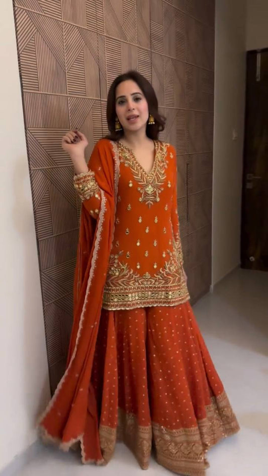 Luxury Orange Sharara Suit with Heavy Embroidery