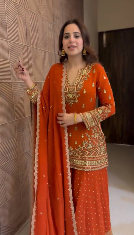 Luxury Orange Sharara Suit with Heavy Embroidery