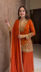 Luxury Orange Sharara Suit with Heavy Embroidery