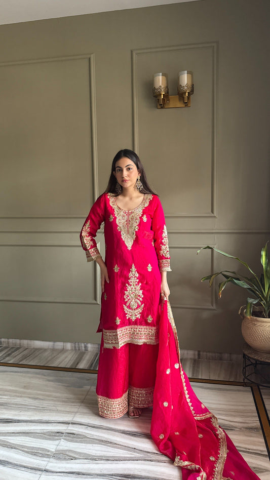 Hot Pink Festive Wear Sharara Suit with Heavy Embroidery