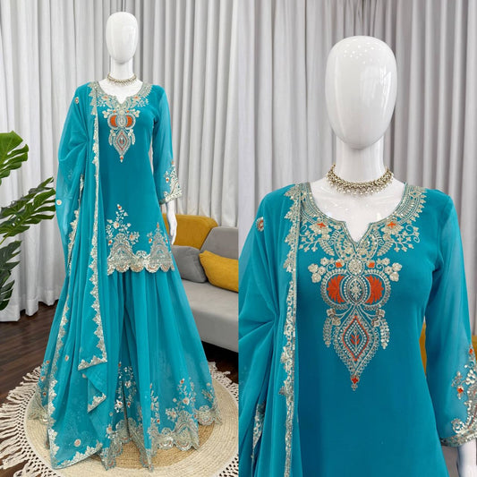 Turquoise Embroidered Kurta Sharara Set with Dupatta