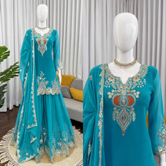 Turquoise Embroidered Kurta Sharara Set with Dupatta