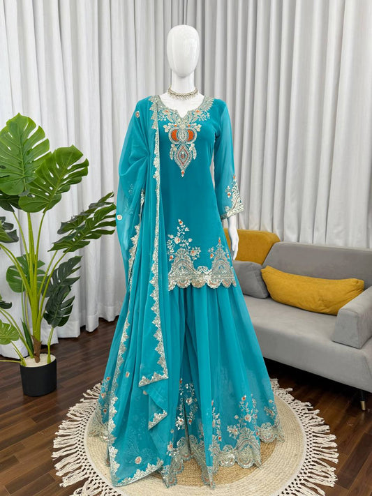 Turquoise Embroidered Kurta Sharara Set with Dupatta