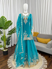 Turquoise Embroidered Kurta Sharara Set with Dupatta