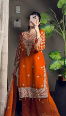 Royal Orange Heavy Embroidered Kurta Palazzo Set