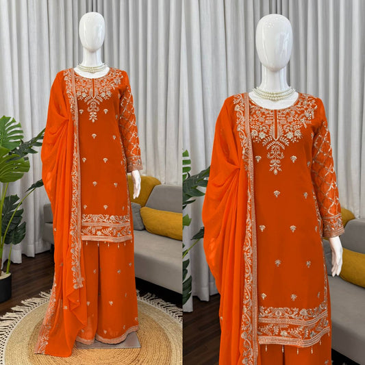 Royal Orange Heavy Embroidered Kurta Palazzo Set