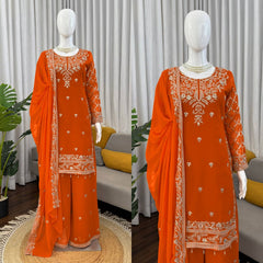 Royal Orange Heavy Embroidered Kurta Palazzo Set