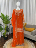 Royal Orange Heavy Embroidered Kurta Palazzo Set