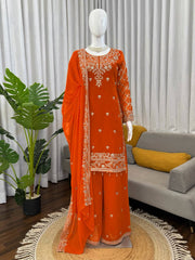 Royal Orange Heavy Embroidered Kurta Palazzo Set