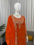 Royal Orange Heavy Embroidered Kurta Palazzo Set