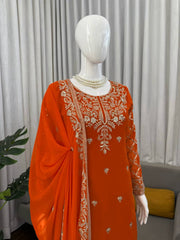 Royal Orange Heavy Embroidered Kurta Palazzo Set