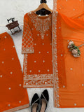 Royal Orange Heavy Embroidered Kurta Palazzo Set