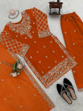 Royal Orange Heavy Embroidered Kurta Palazzo Set