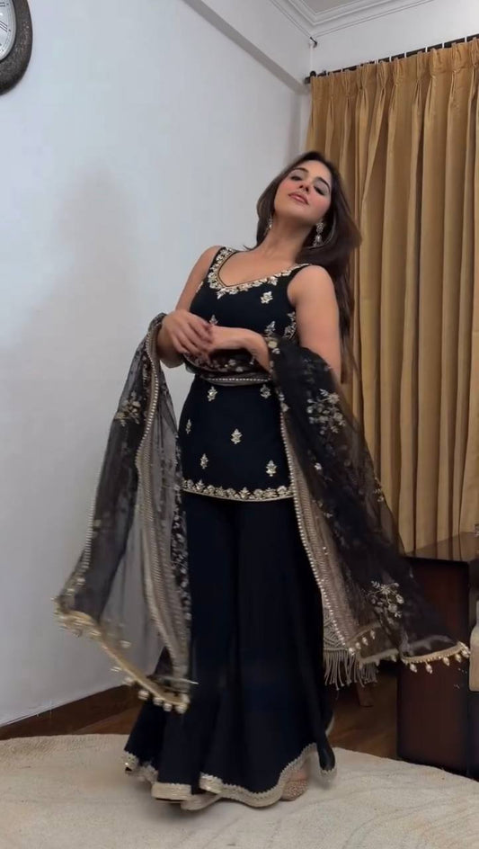 Royal Black Embroidered Kurta Palazzo Set with Dupatta