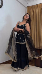 Royal Black Embroidered Kurta Palazzo Set with Dupatta