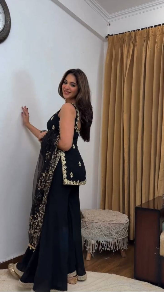 Royal Black Embroidered Kurta Palazzo Set with Dupatta